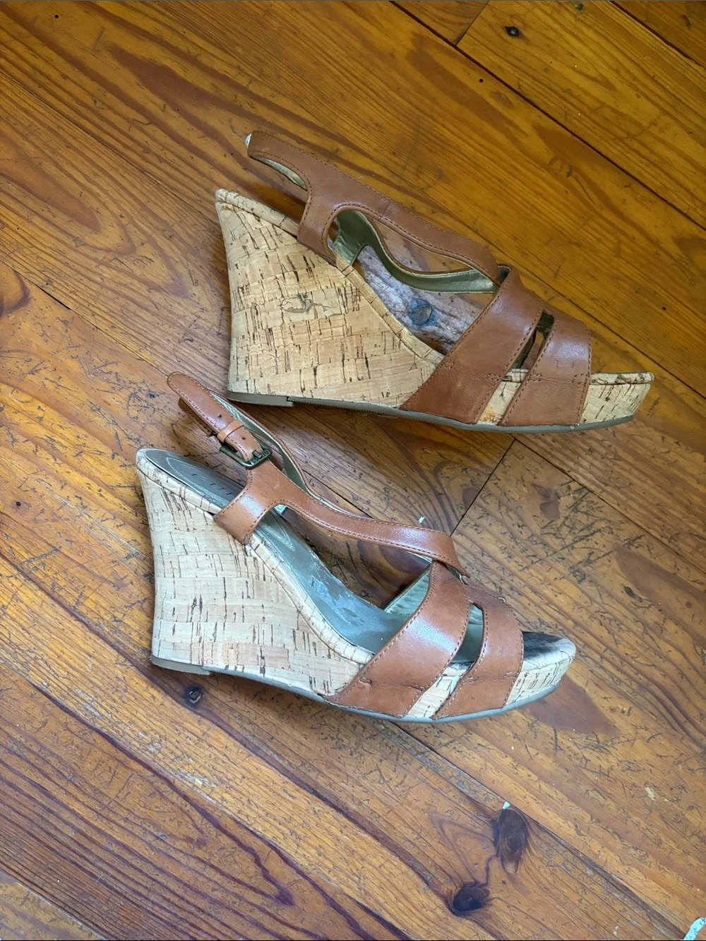 GUESS Brown Leather Cork Wedge Sandals
